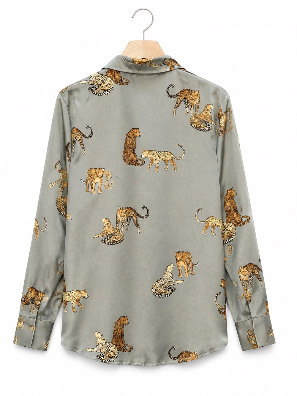 YONG TONG Gray Satin Leopard Print Blouse Shirt XL NWT Silk Feel Safari chic - Picture 2 of 8